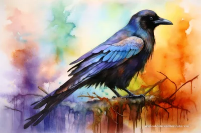 Watercolor Painting Of A Raven Perched On A Branch