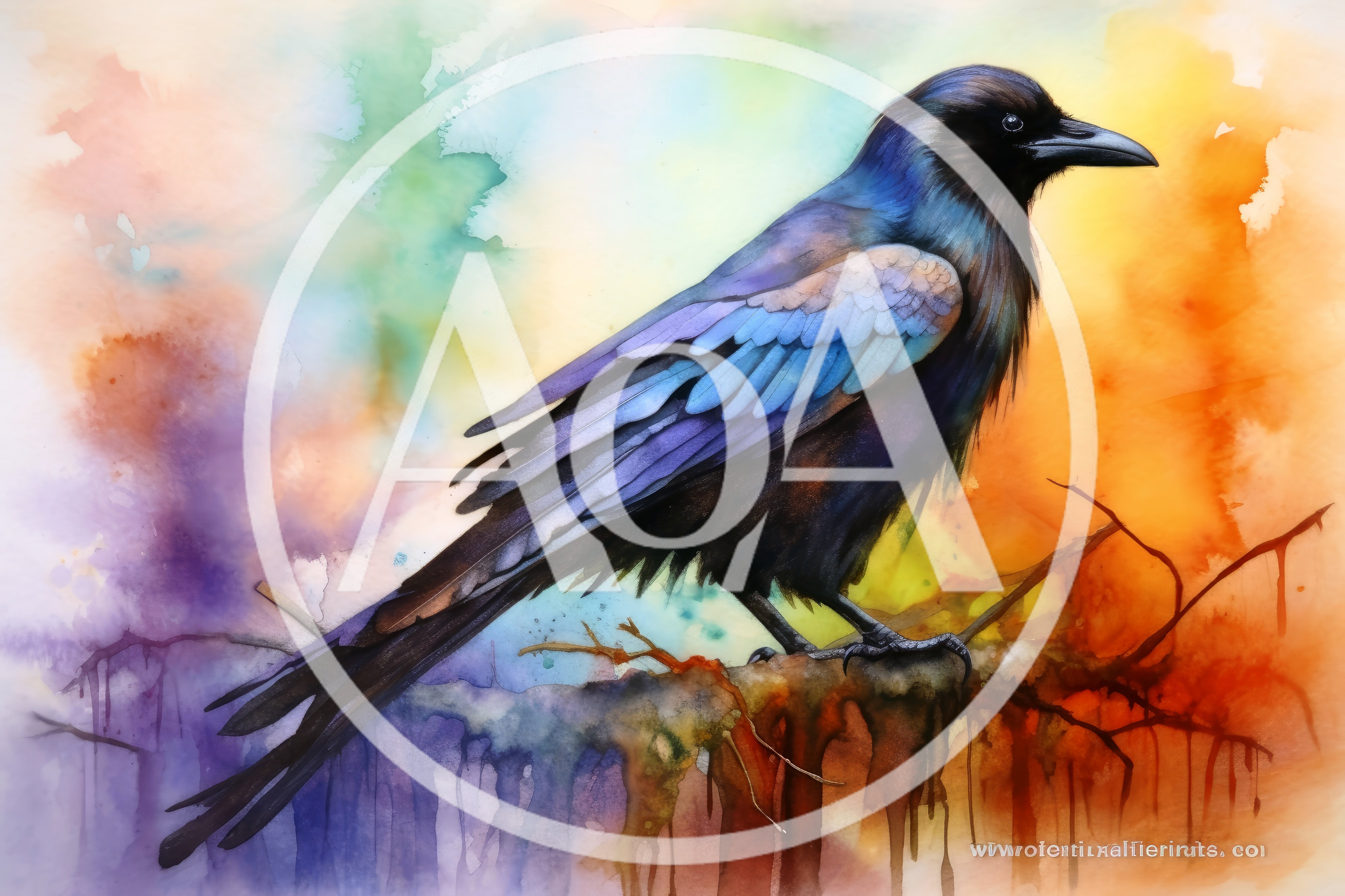 Watercolor Painting Of A Raven Perched On A Branch