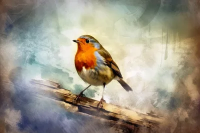 European Robin Perched On A Wooden Branch