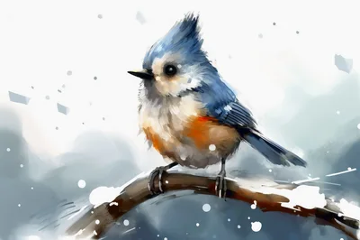 Digital Painting Of A Small Blue Bird On A Snowy Branch