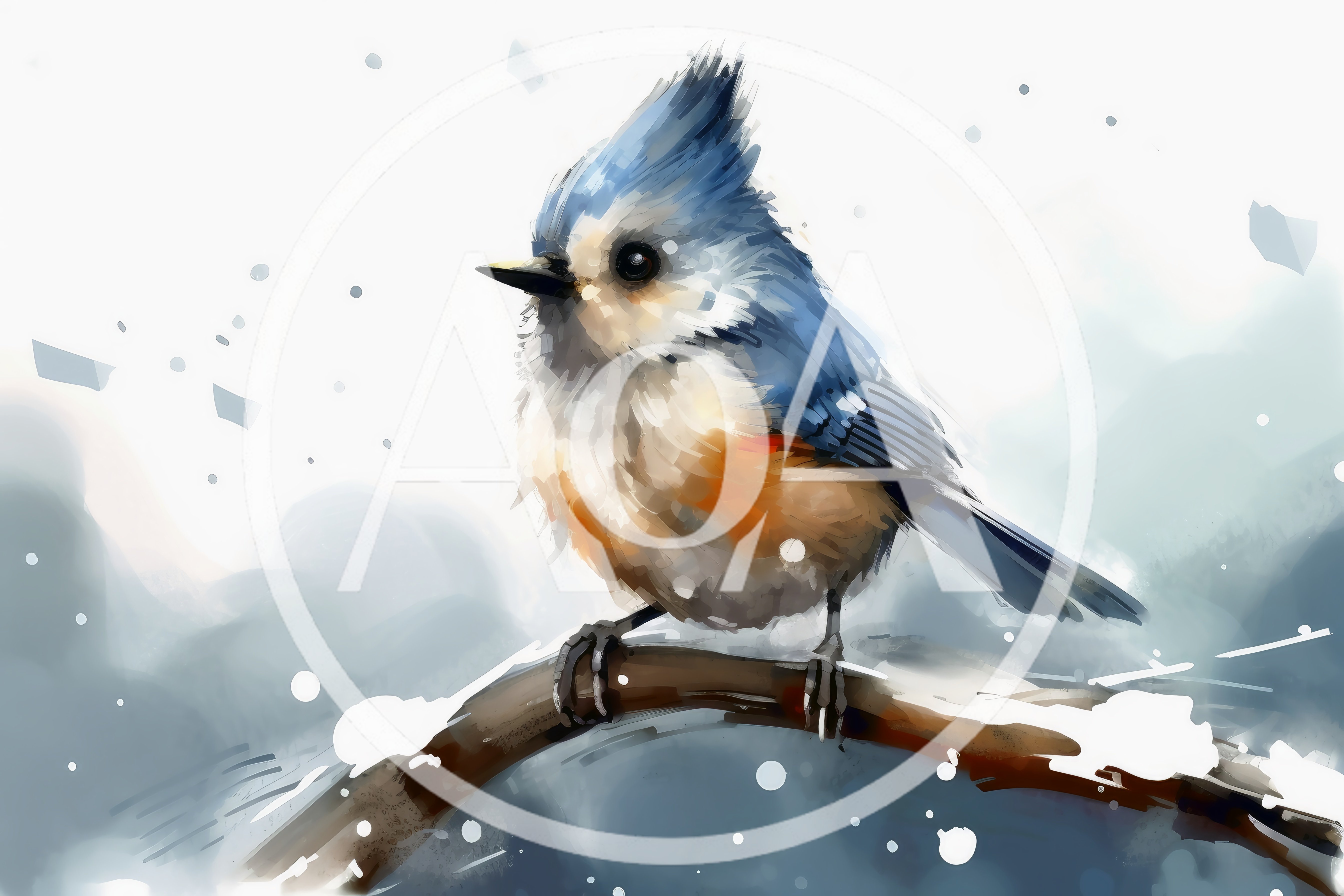Digital Painting Of A Small Blue Bird On A Snowy Branch