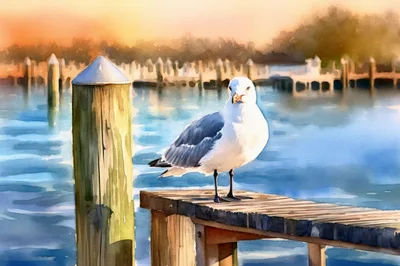 Seagull Perched On A Wooden Dock At Sunset