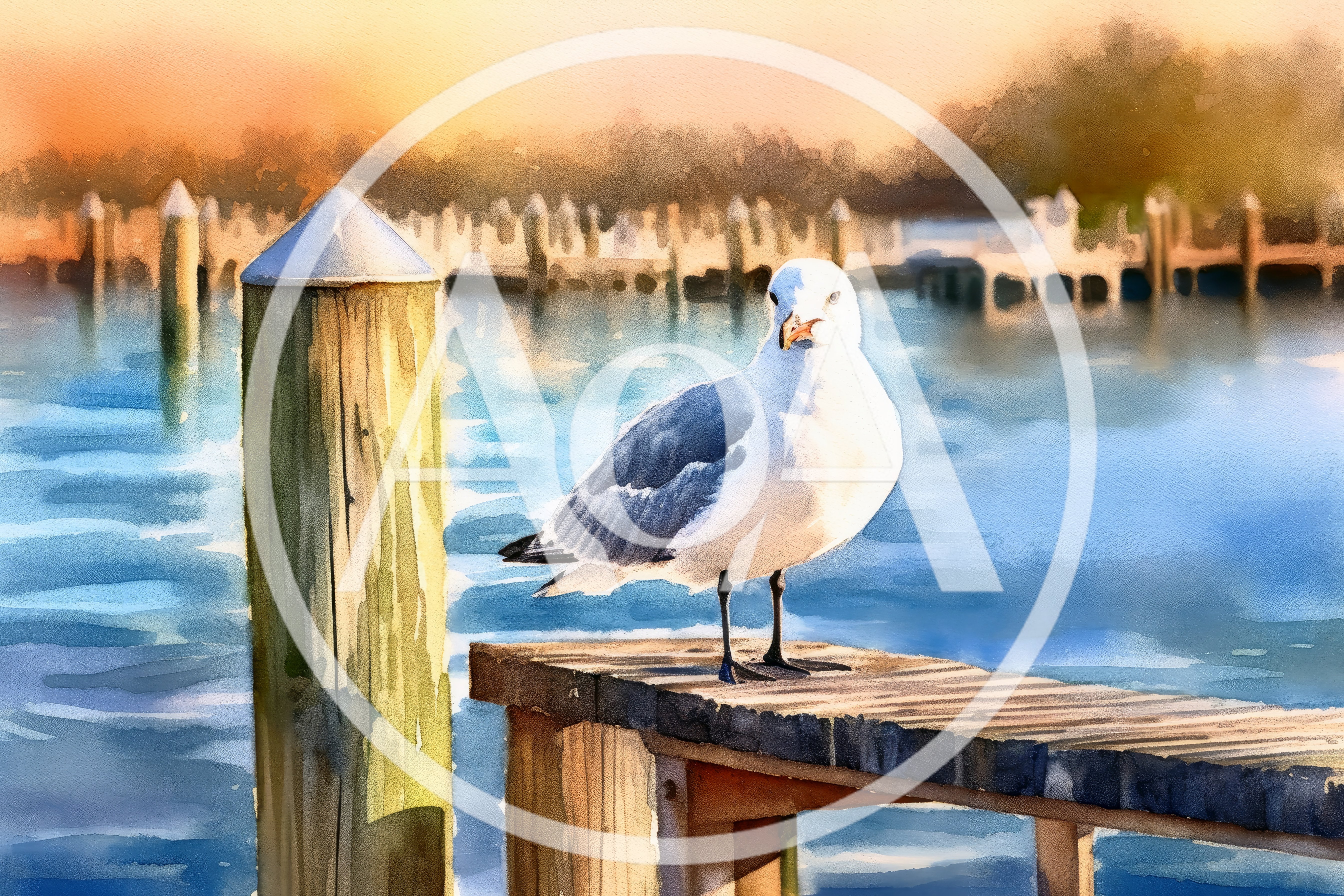 Seagull Perched On A Wooden Dock At Sunset