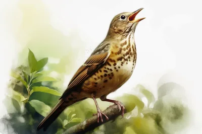 Song Thrush Perched On A Branch Singing