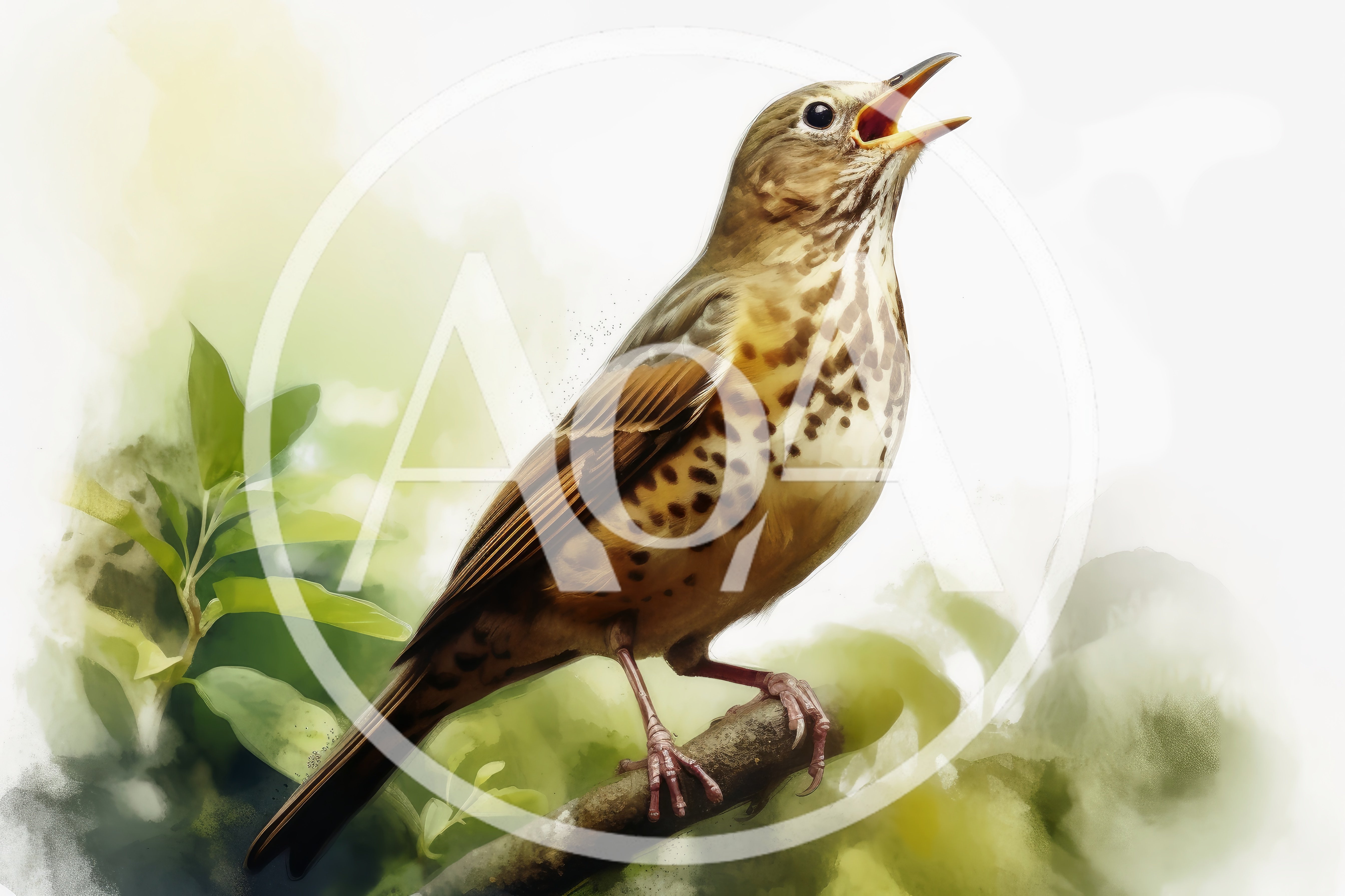 Song Thrush Perched On A Branch Singing