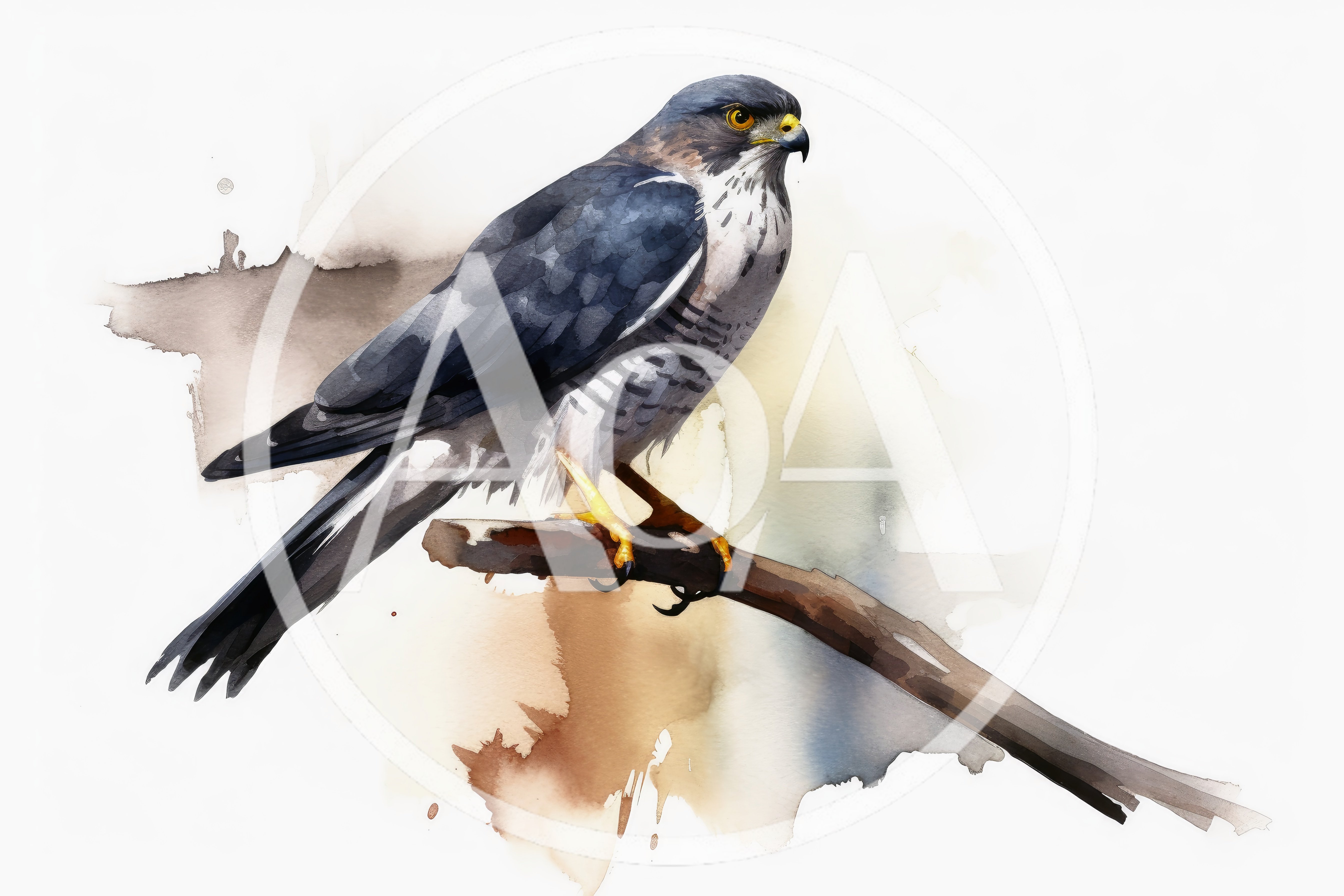 Watercolor Painting Of A Peregrine Falcon Perched On Branch