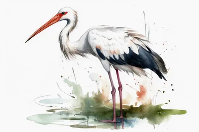 Watercolor Illustration Of A Standing White Stork