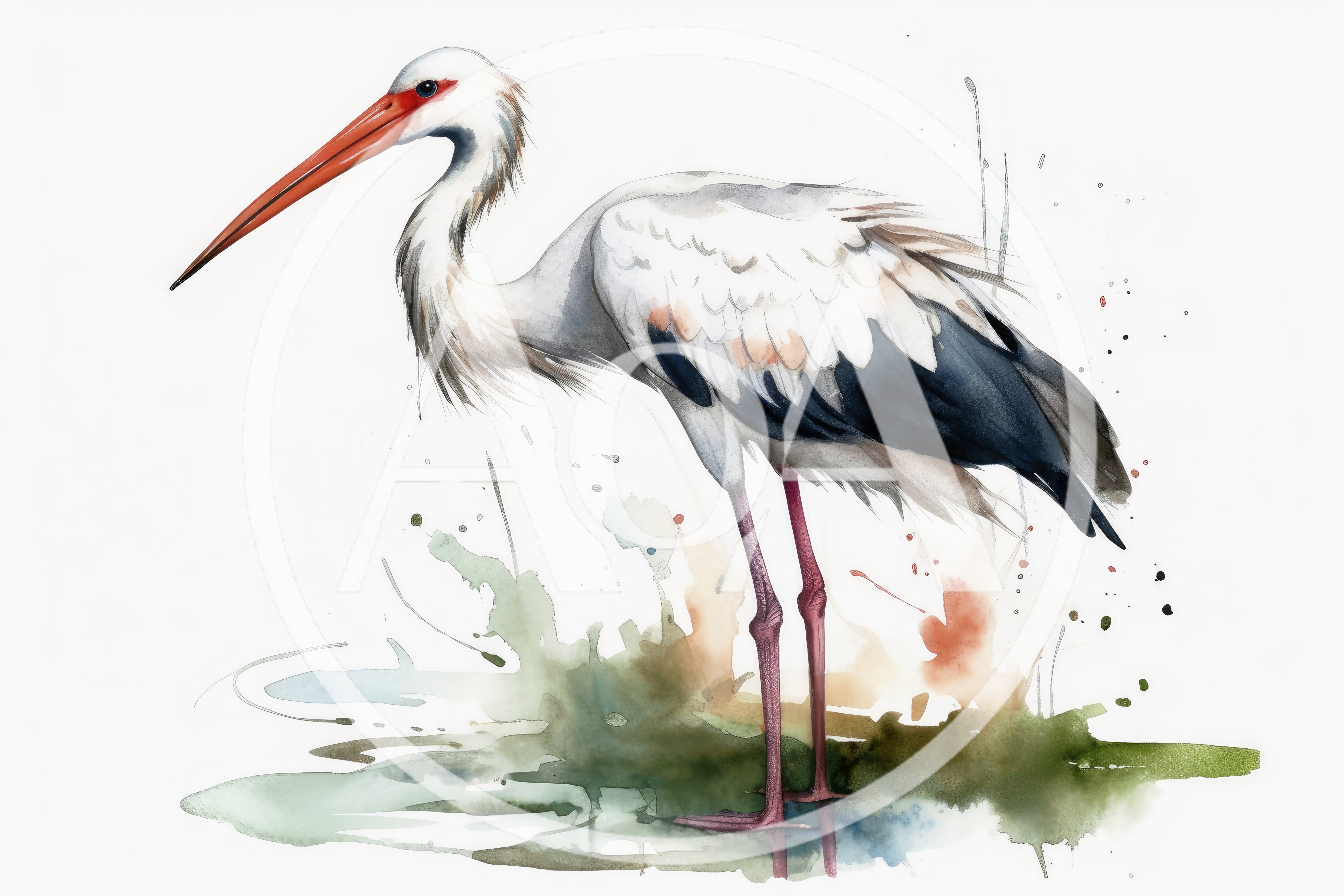 Watercolor Illustration Of A Standing White Stork