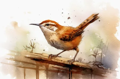 Watercolor Illustration Of A Carolina Wren On A Branch