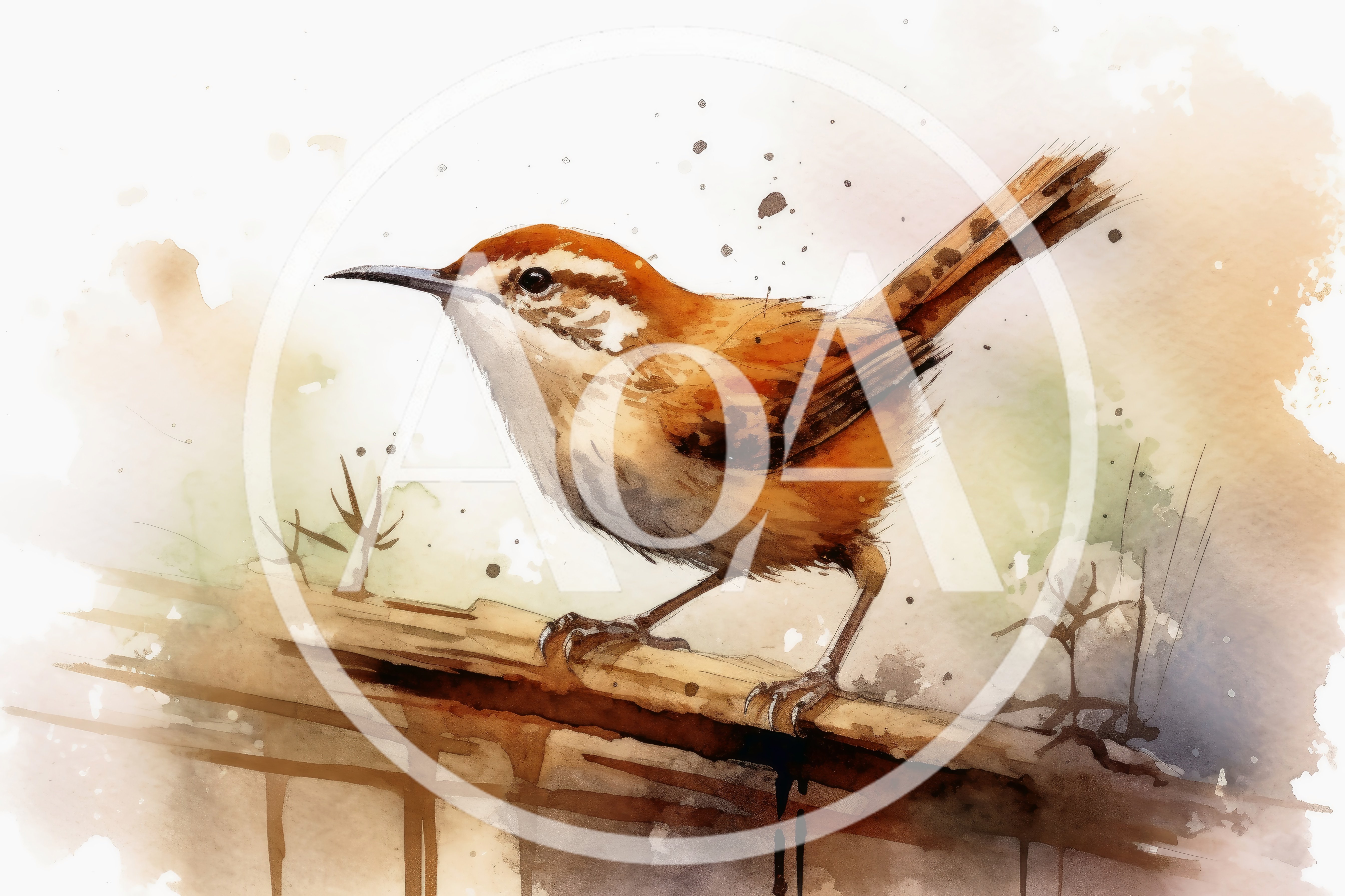 Watercolor Illustration Of A Carolina Wren On A Branch