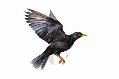 Watercolor Illustration Of A Flying Blackbird