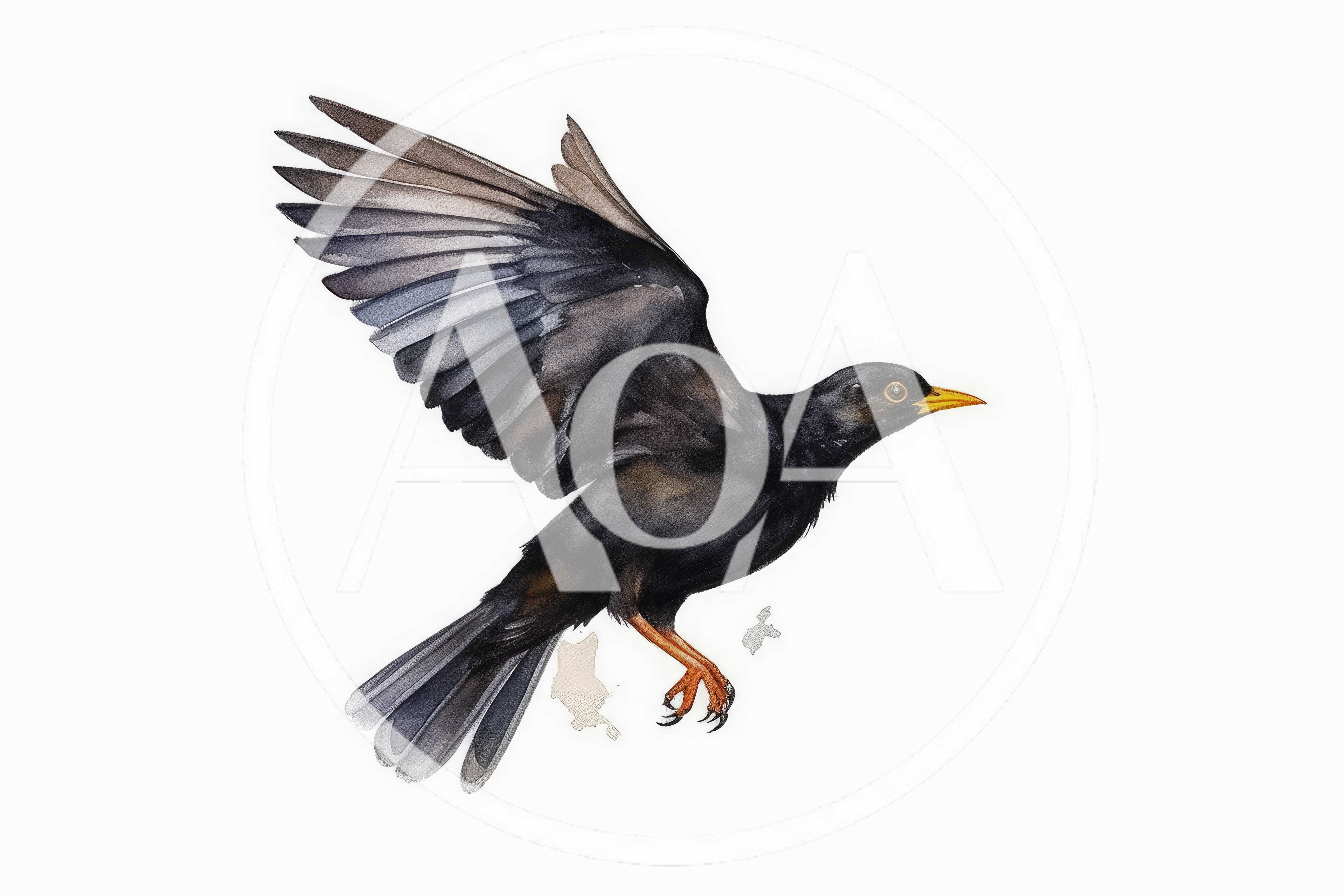 Watercolor Illustration Of A Flying Blackbird