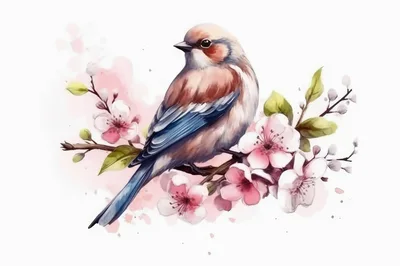 Watercolor Illustration Of A Bird Perched On Cherry Blossoms