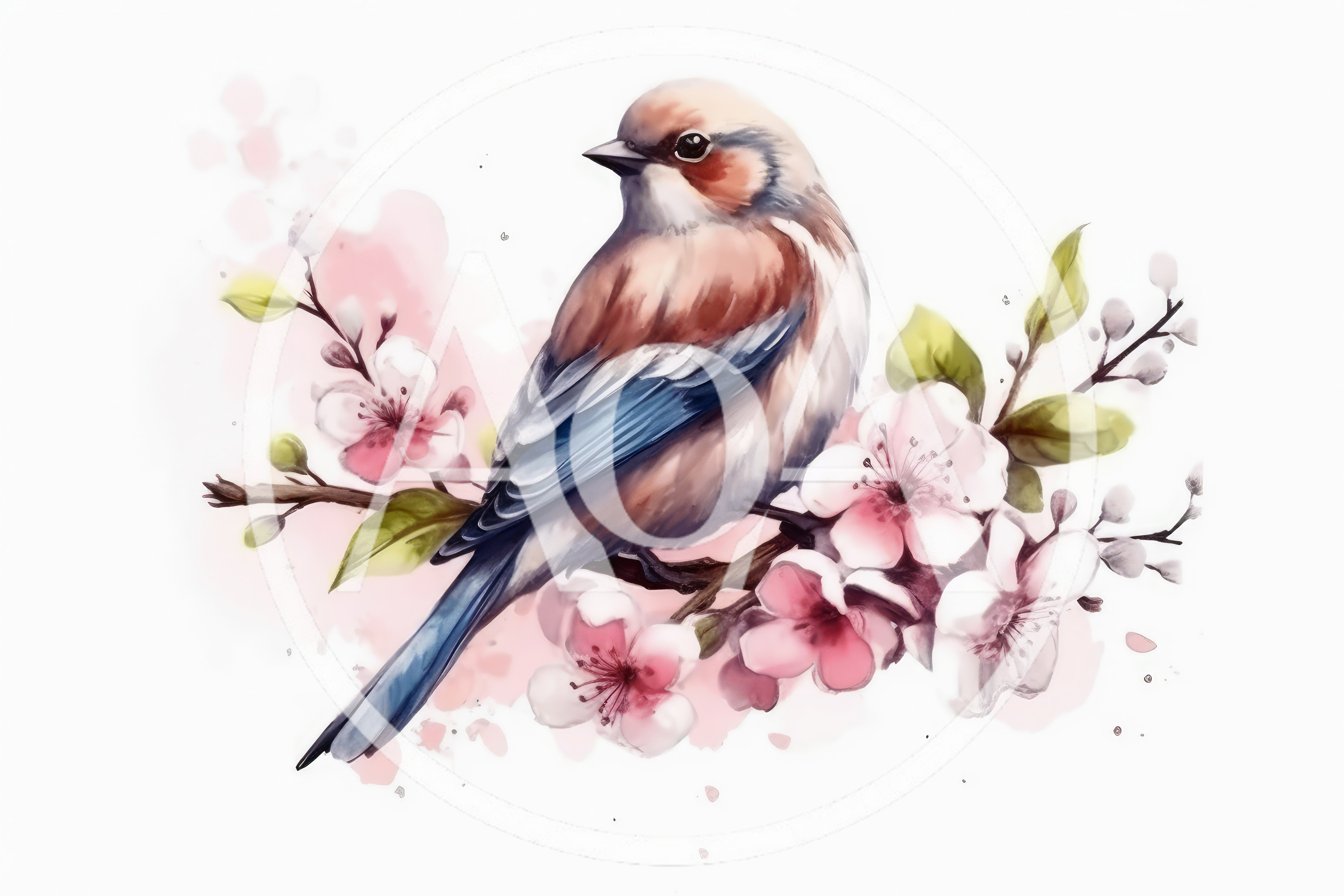 Watercolor Illustration Of A Bird Perched On Cherry Blossoms