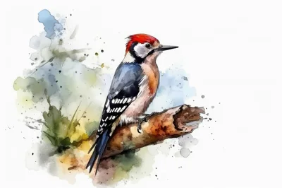 Watercolor Illustration Of A Great Spotted Woodpecker