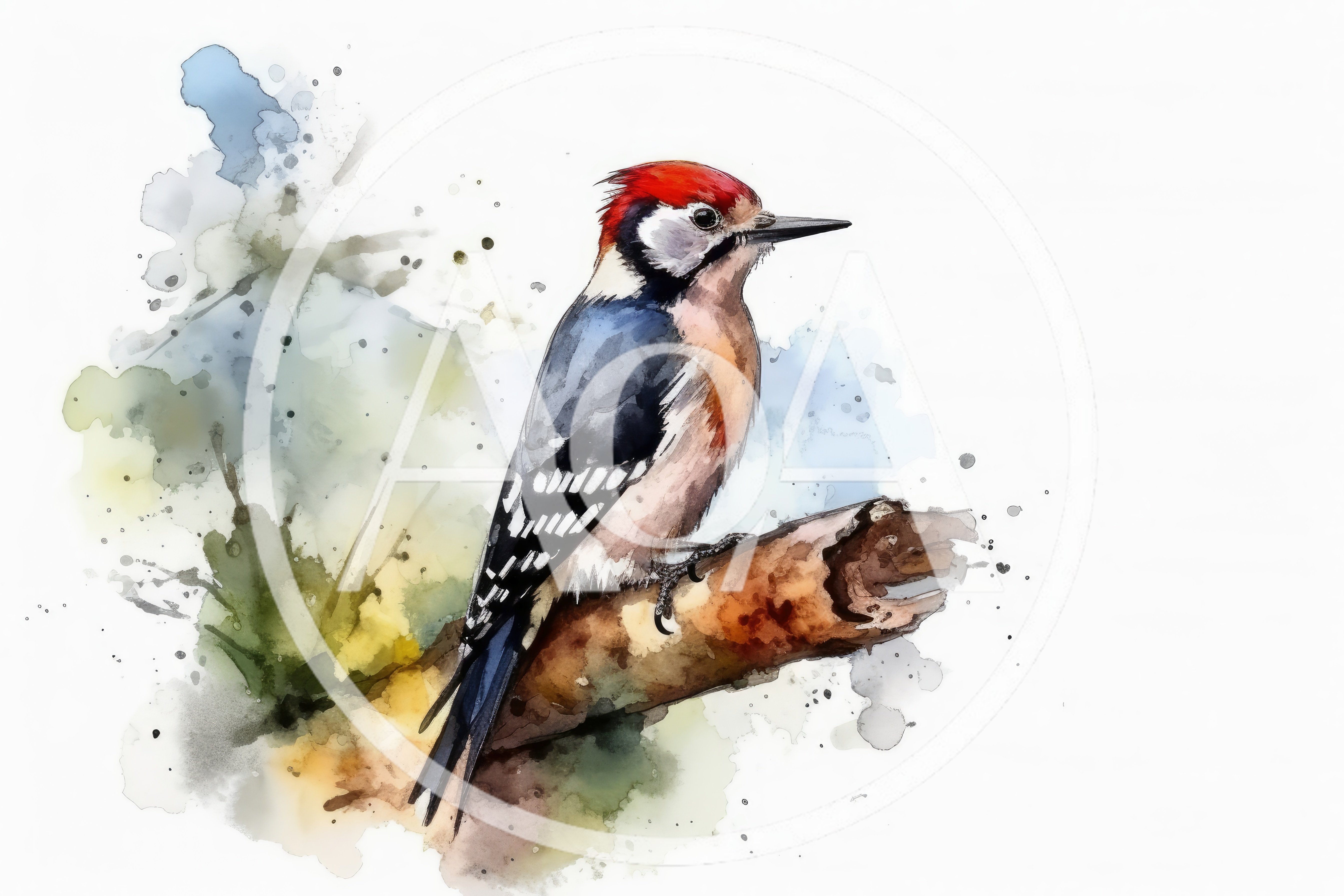 Watercolor Illustration Of A Great Spotted Woodpecker