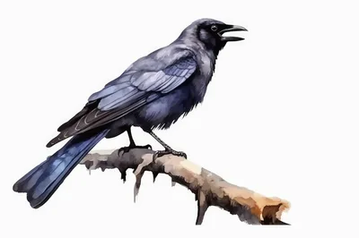 Watercolor Illustration Of A Black Crow Perched On Branch