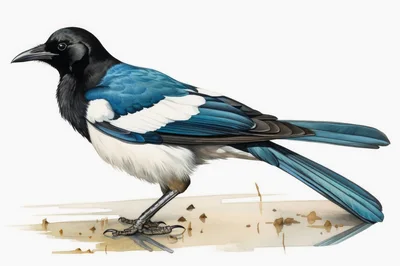 Detailed Watercolor Illustration Of A Common Magpie