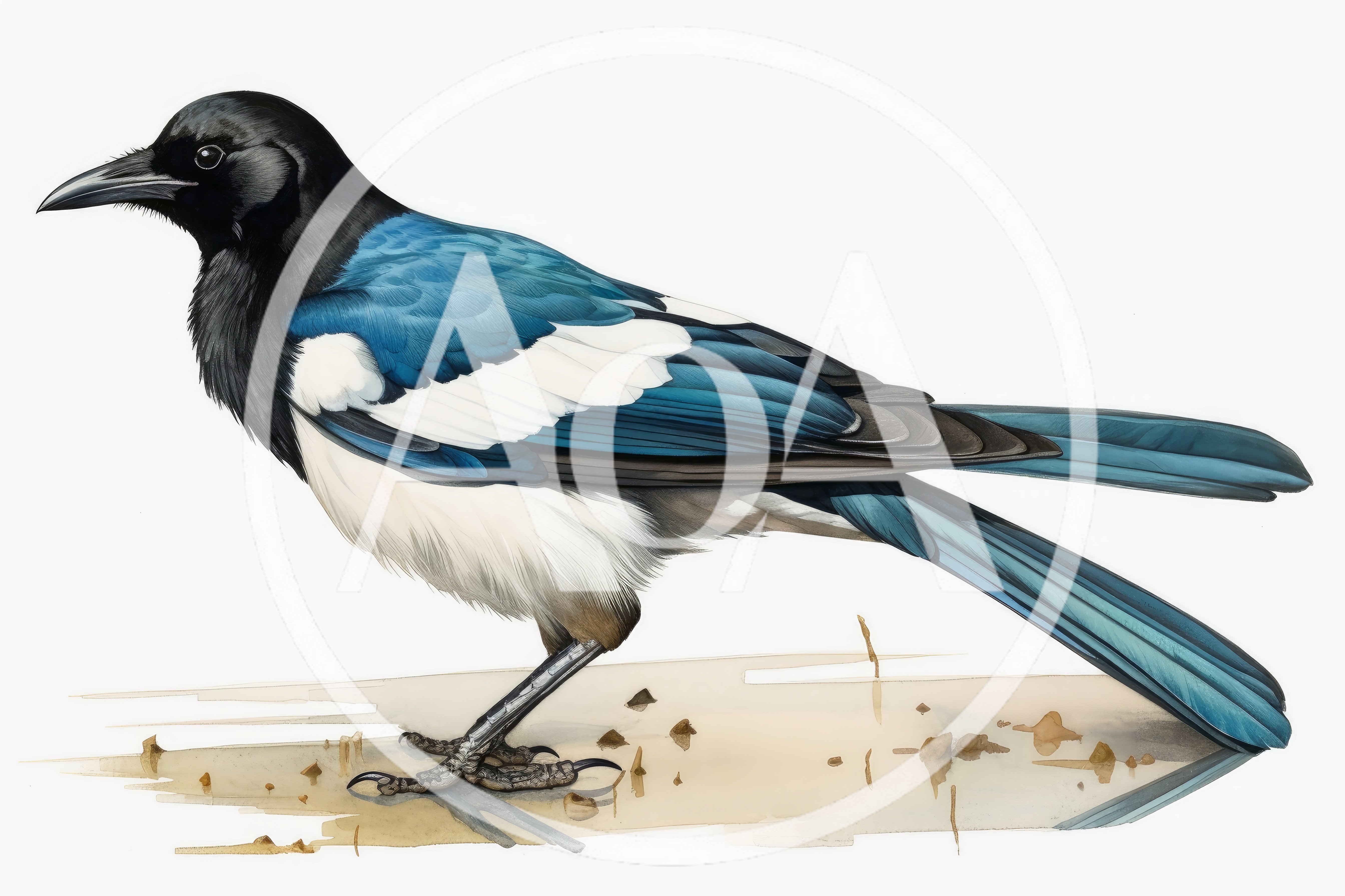 Detailed Watercolor Illustration Of A Common Magpie