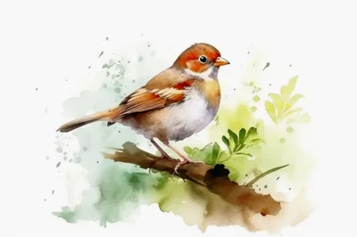 Watercolor Illustration Of A Small Sparrow On A Branch