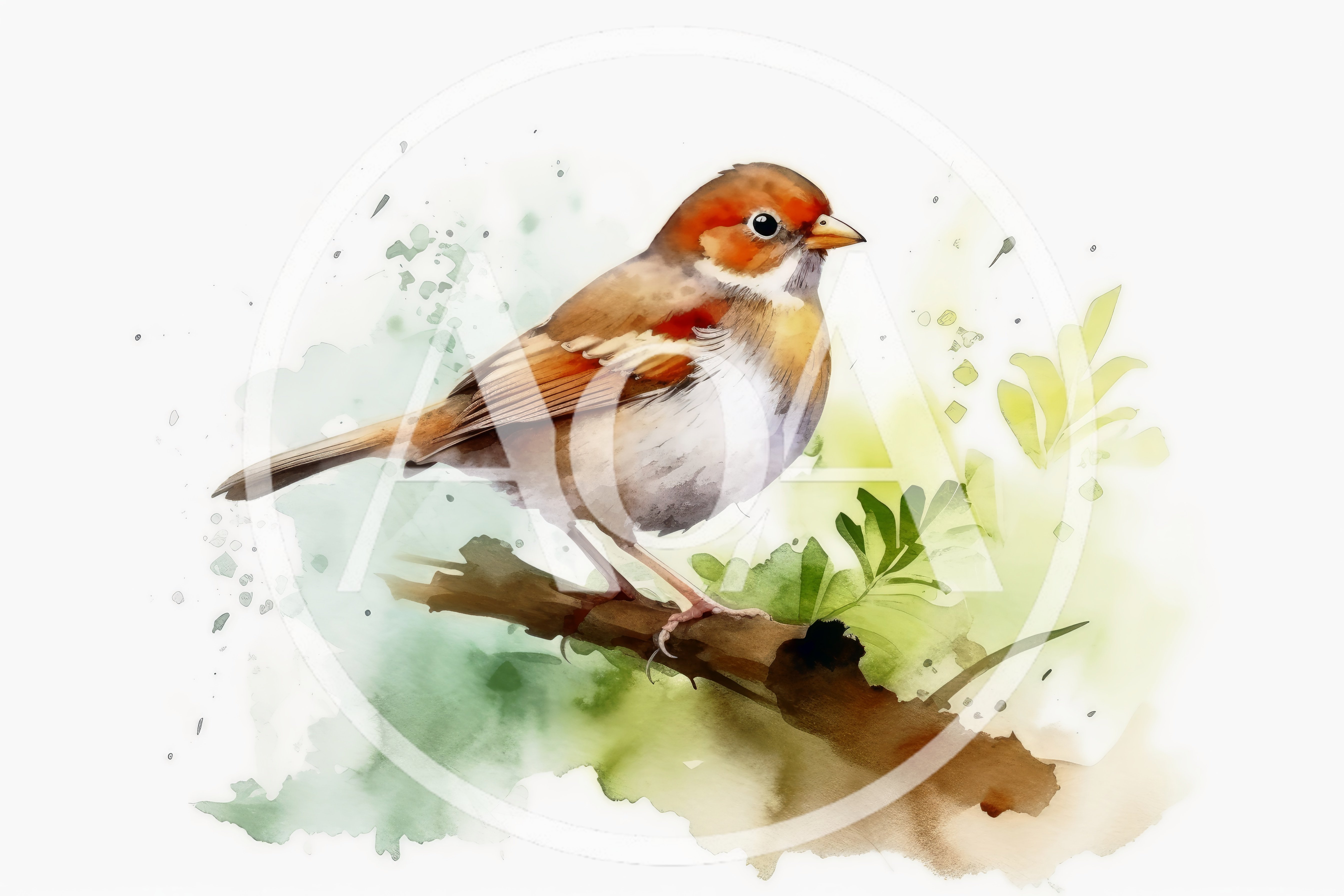 Watercolor Illustration Of A Small Sparrow On A Branch