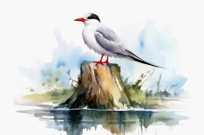 Watercolor Illustration Of A Tern Perched On A Stump