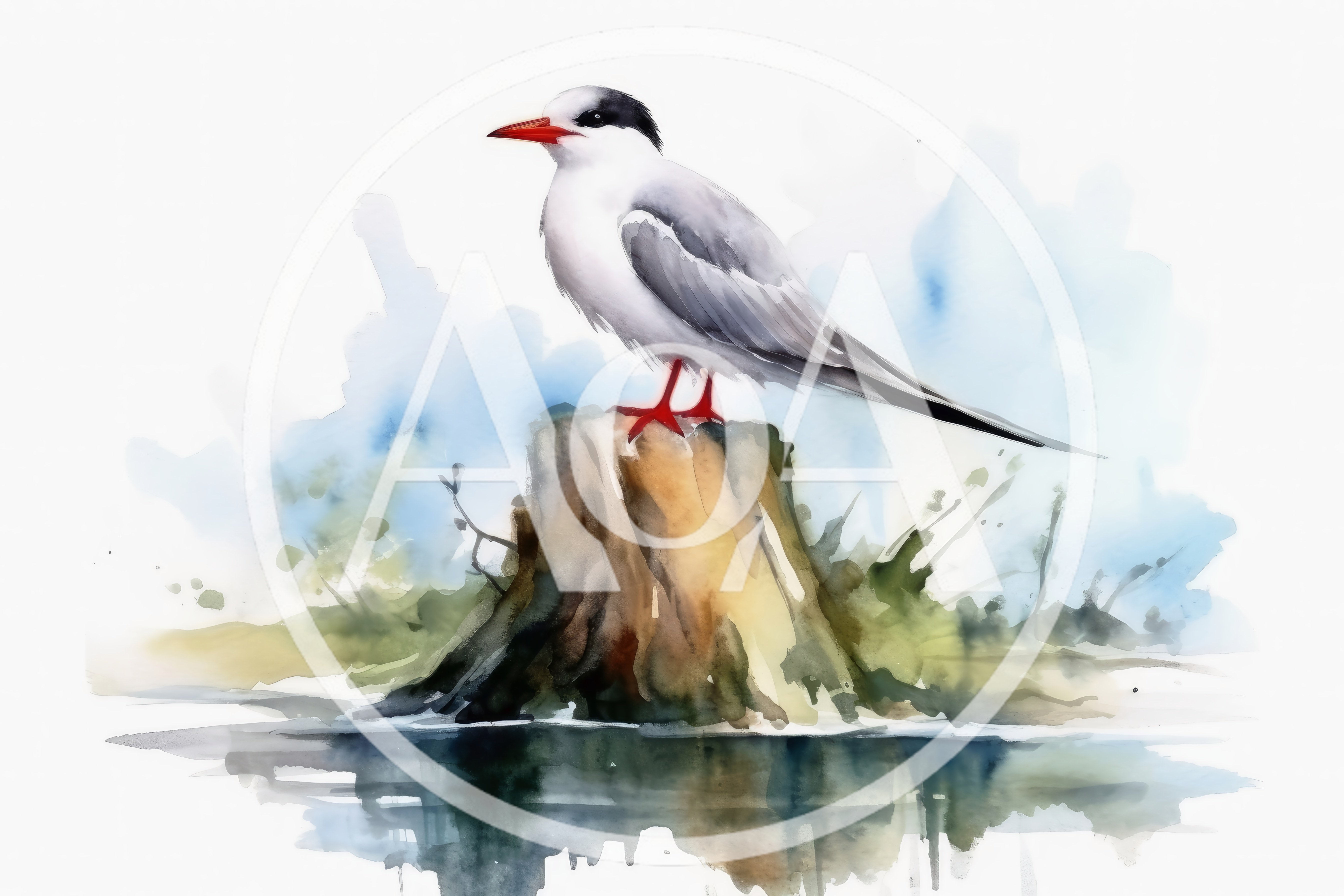 Watercolor Illustration Of A Tern Perched On A Stump