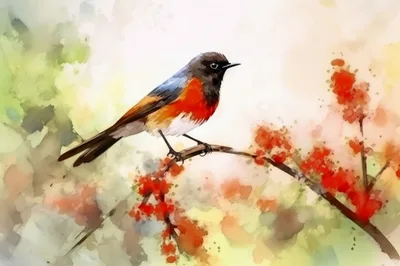 Watercolor Painting Of A Small Bird On A Branch