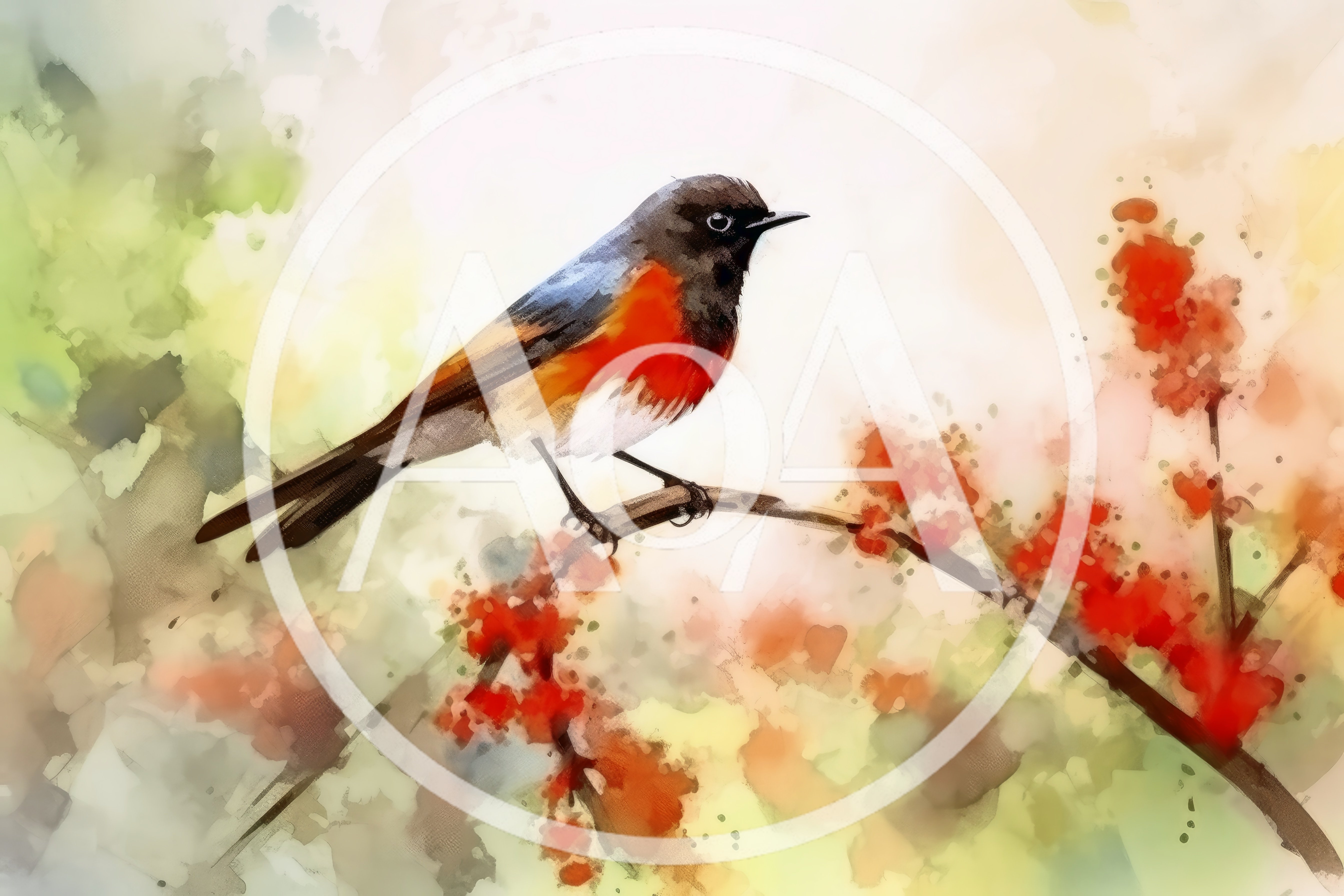 Watercolor Painting Of A Small Bird On A Branch