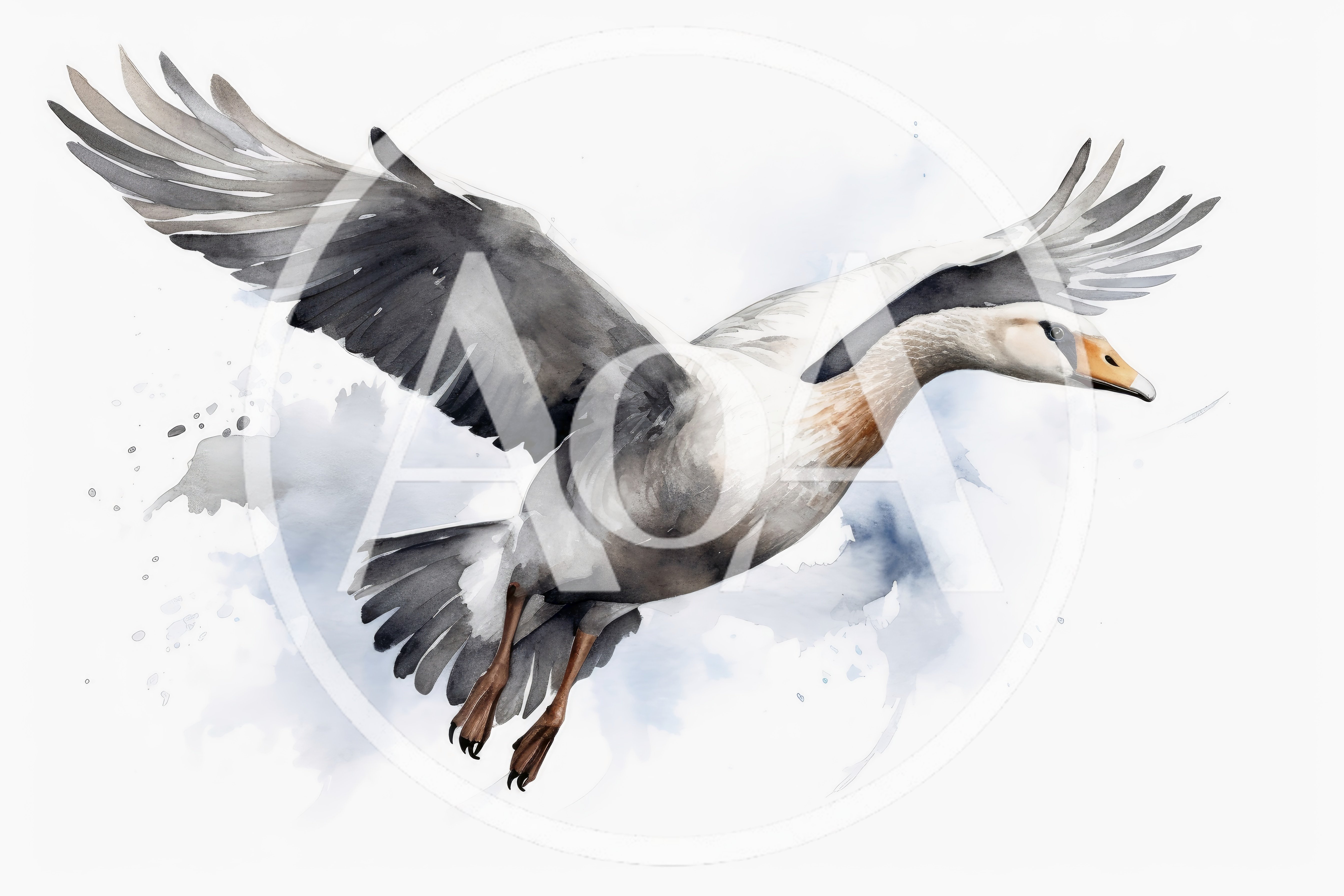 Watercolor Illustration Of A Goose In Flight