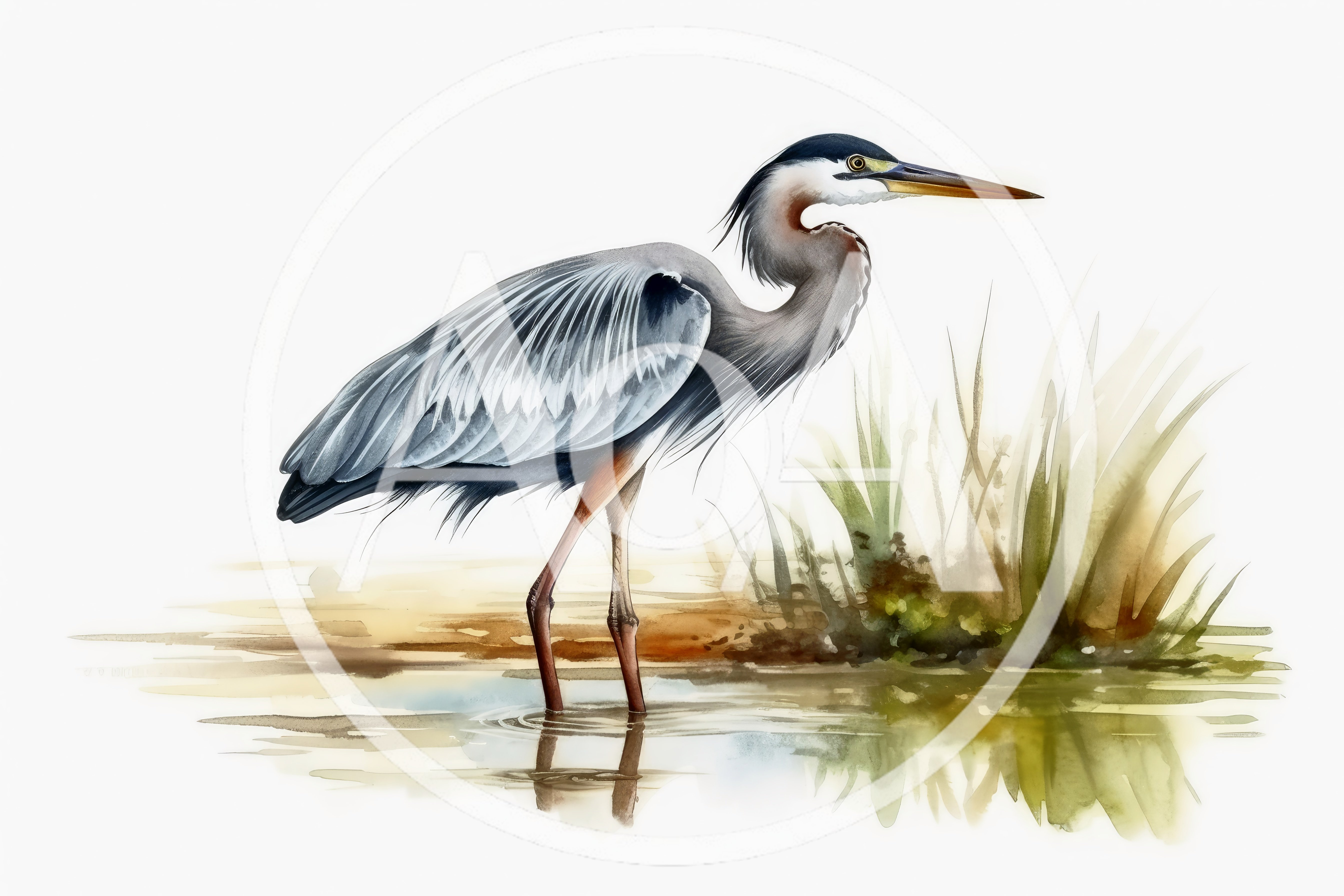 Watercolor Illustration Of A Great Blue Heron