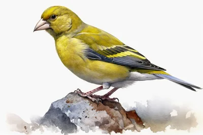 Watercolor Illustration Of A European Greenfinch On Rock
