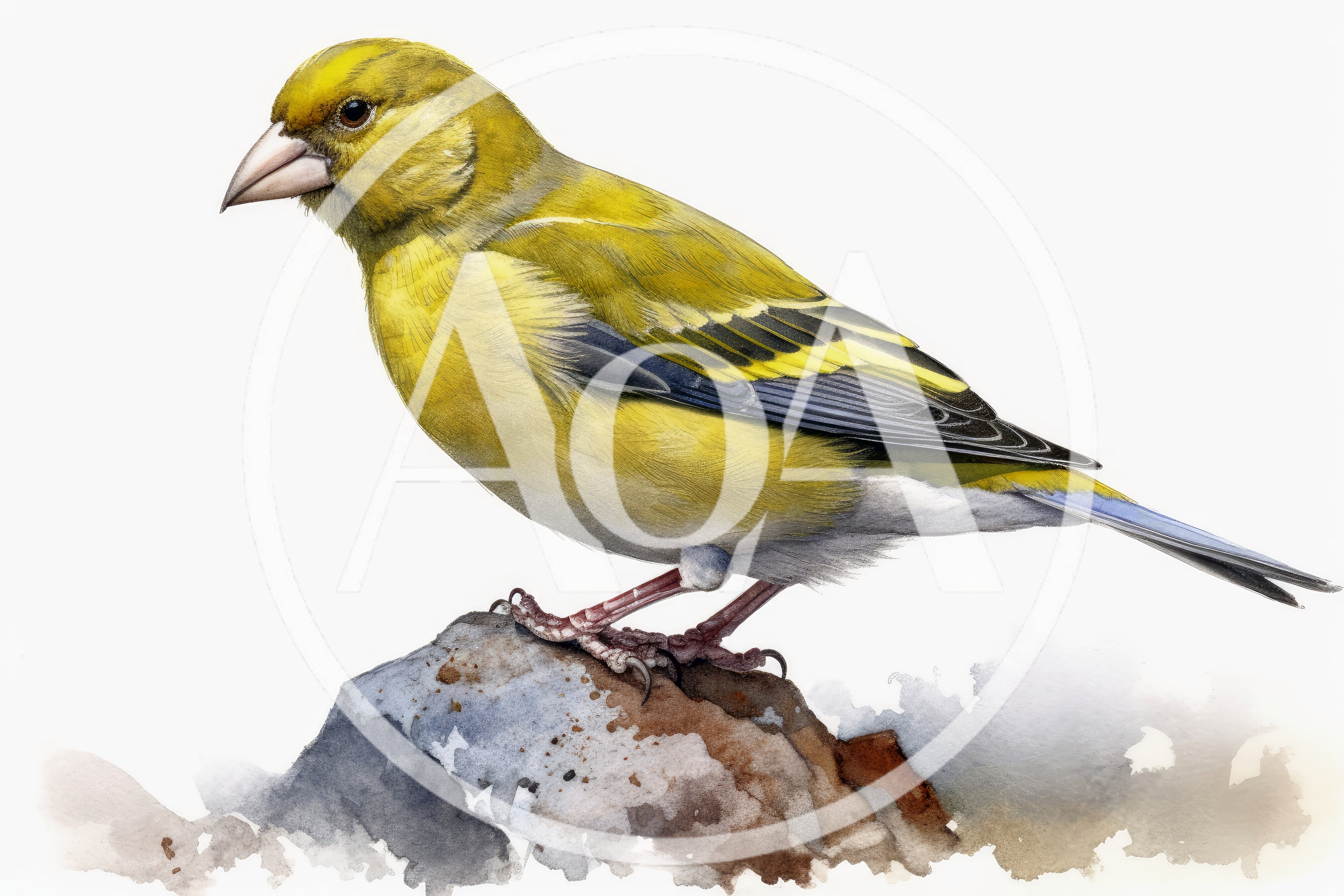 Watercolor Illustration Of A European Greenfinch On Rock