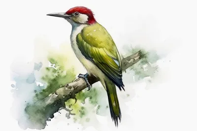 Watercolor Illustration Of A Green Woodpecker On A Branch