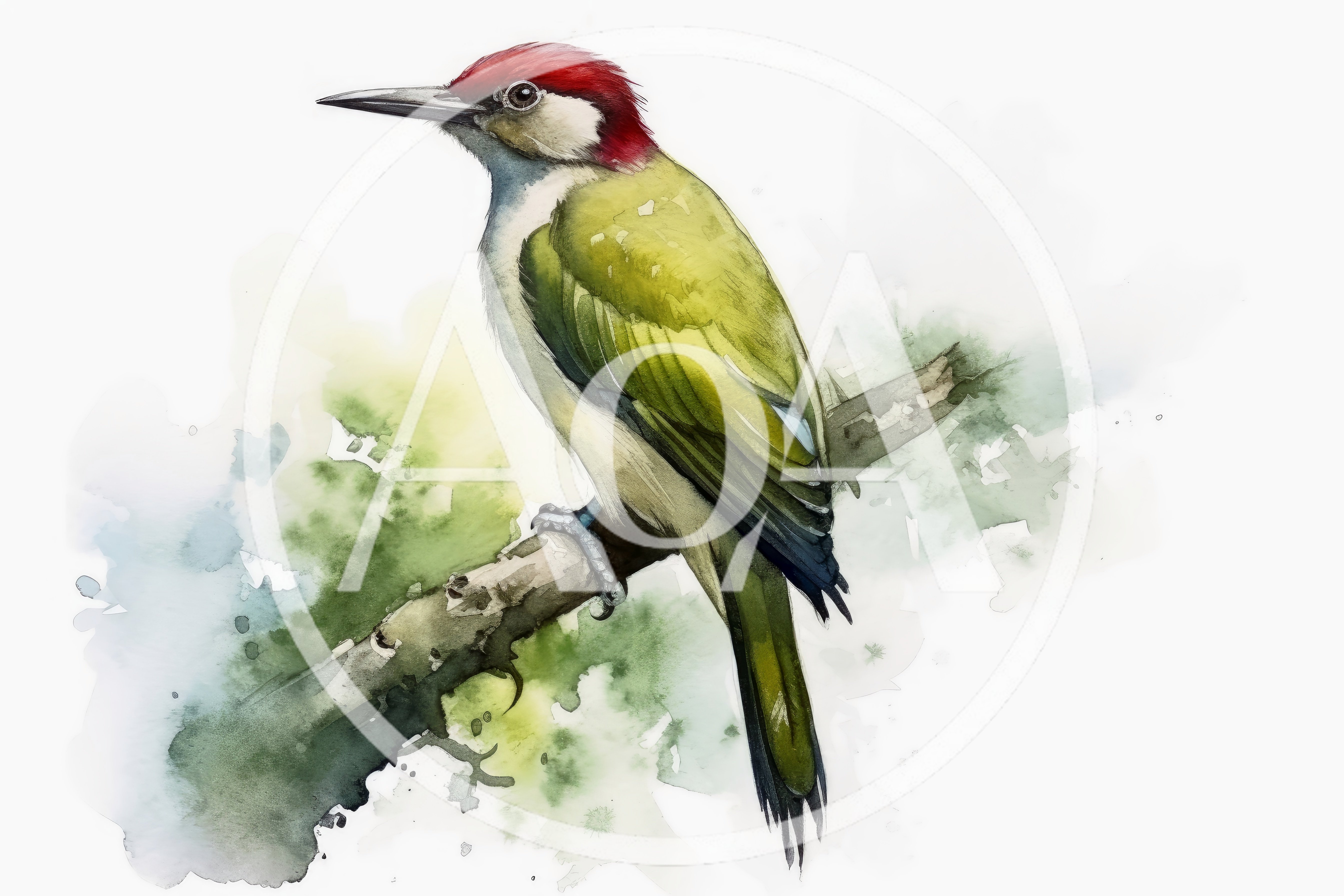 Watercolor Illustration Of A Green Woodpecker On A Branch