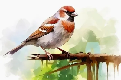 Digital Painting Of A House Sparrow Perched On Branch