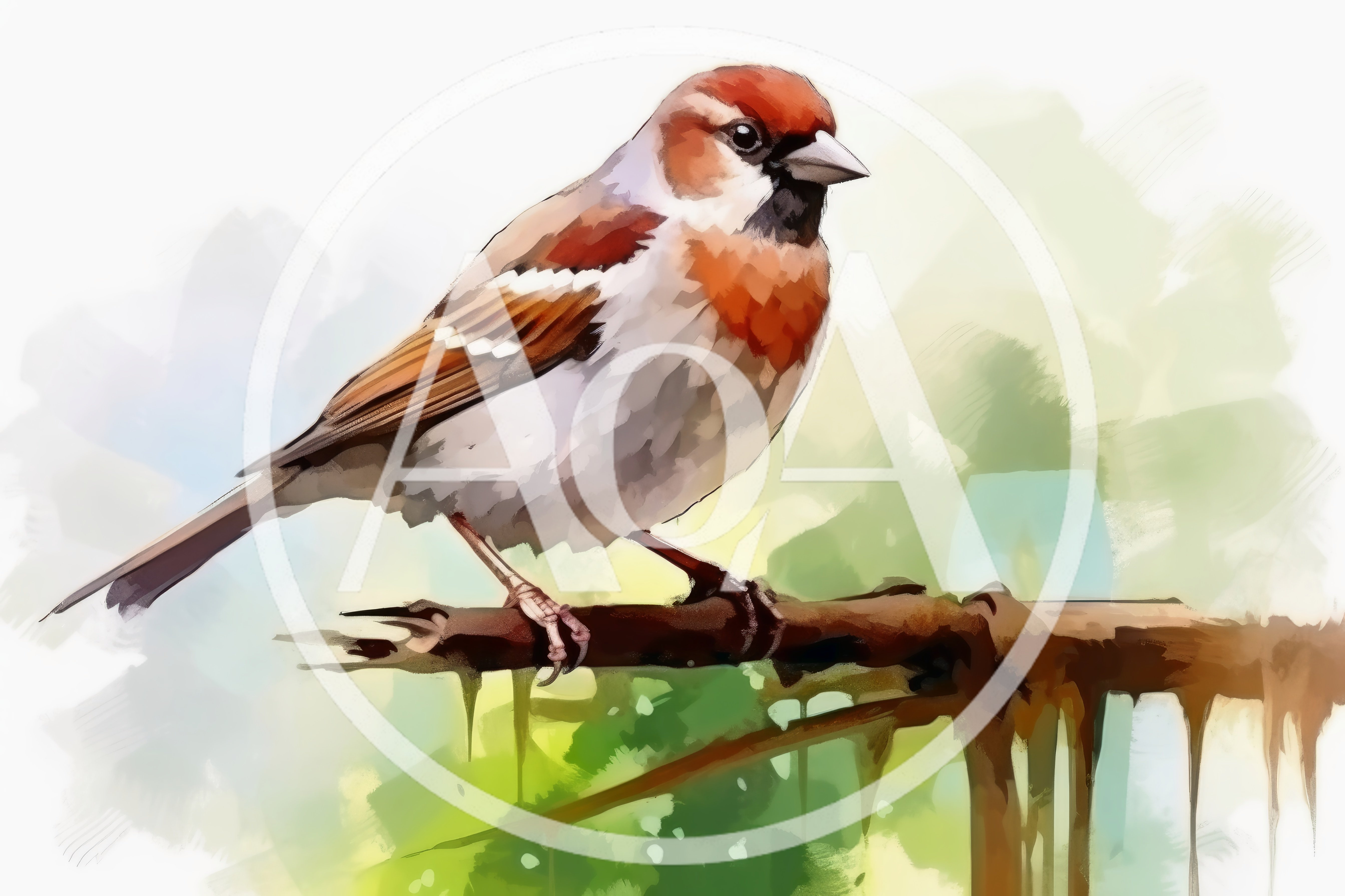 Digital Painting Of A House Sparrow Perched On Branch