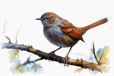 Watercolor Illustration Of A Small Brown Bird On Branch