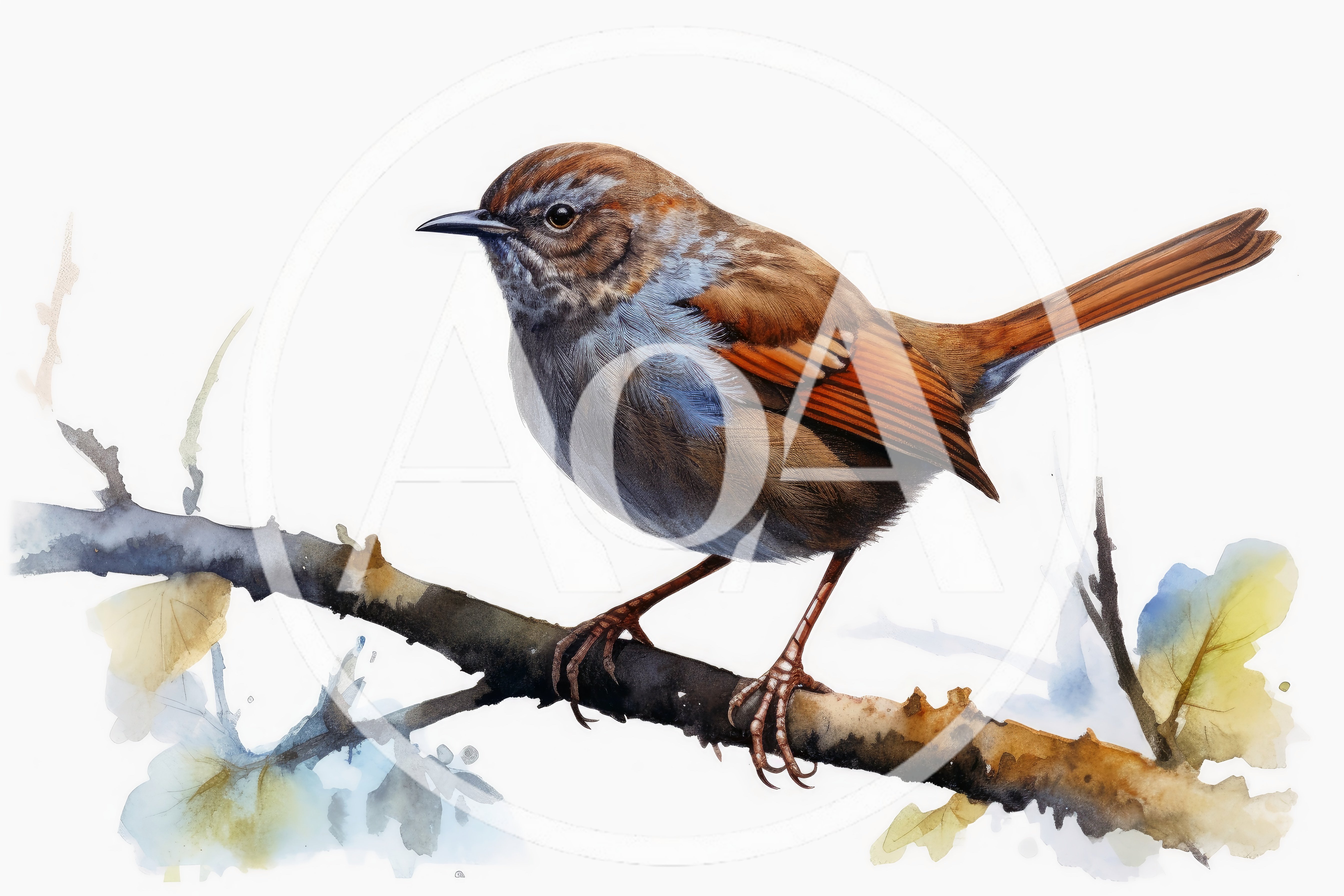 Watercolor Illustration Of A Small Brown Bird On Branch