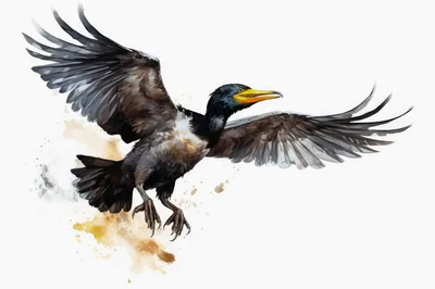 Watercolor Illustration Of A Flying Cormorant