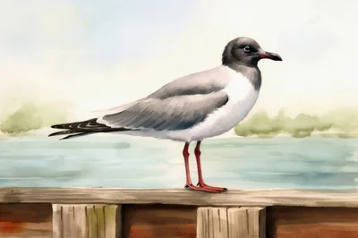 Watercolor Illustration Of A Laughing Gull On A Pier