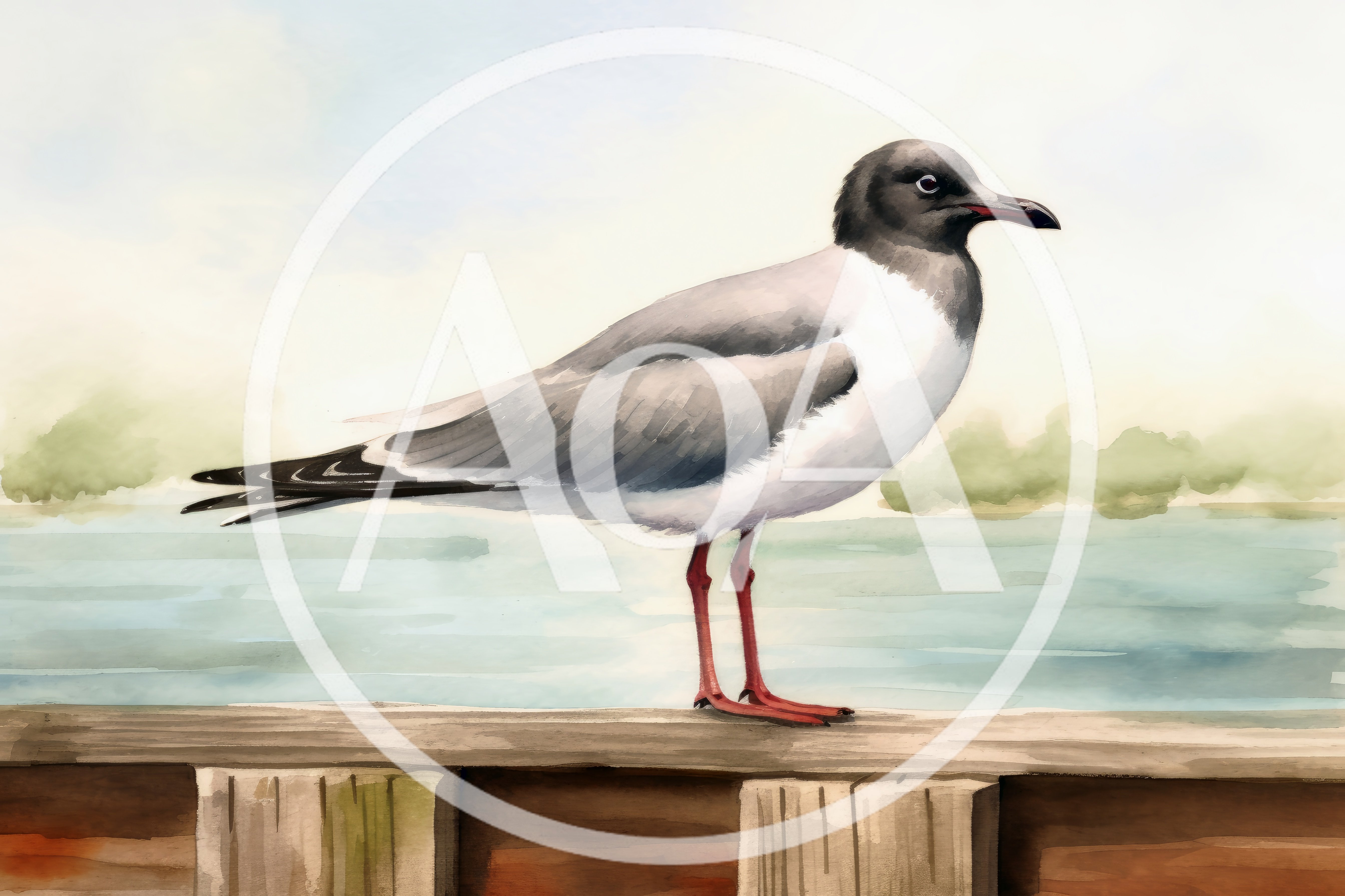 Watercolor Illustration Of A Laughing Gull On A Pier