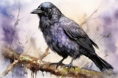 Watercolor Illustration Of A Majestic Black Raven