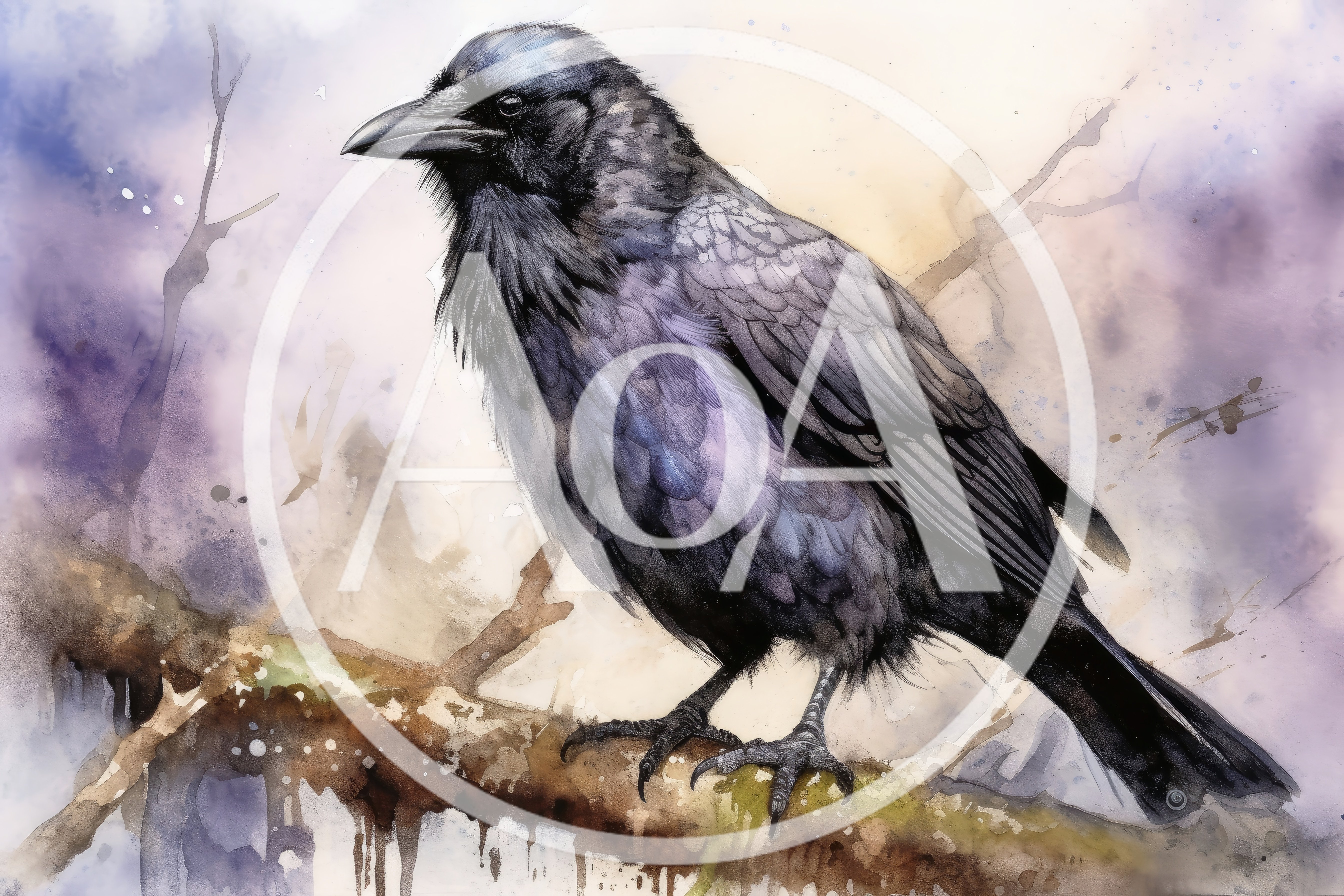 Watercolor Illustration Of A Majestic Black Raven