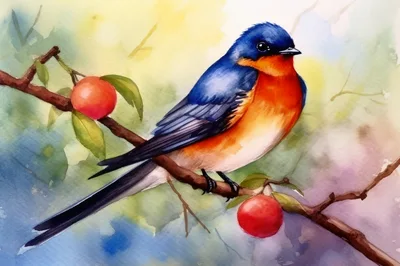 Watercolor Painting Of A Blue Bird On A Branch