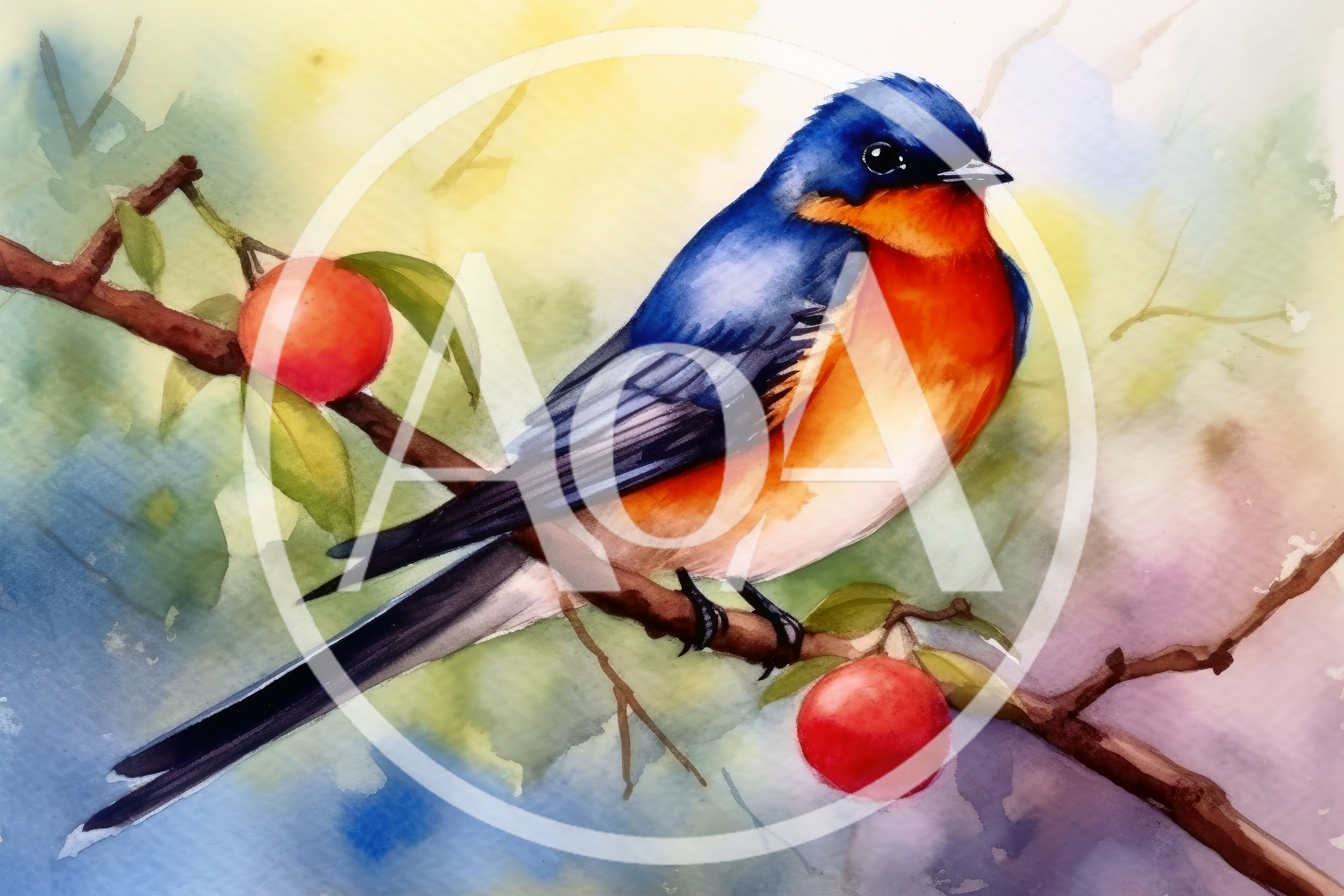 Watercolor Painting Of A Blue Bird On A Branch