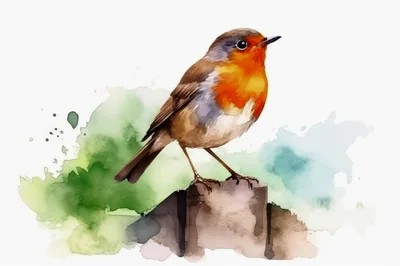 Watercolor Illustration Of A European Robin Perched On Post