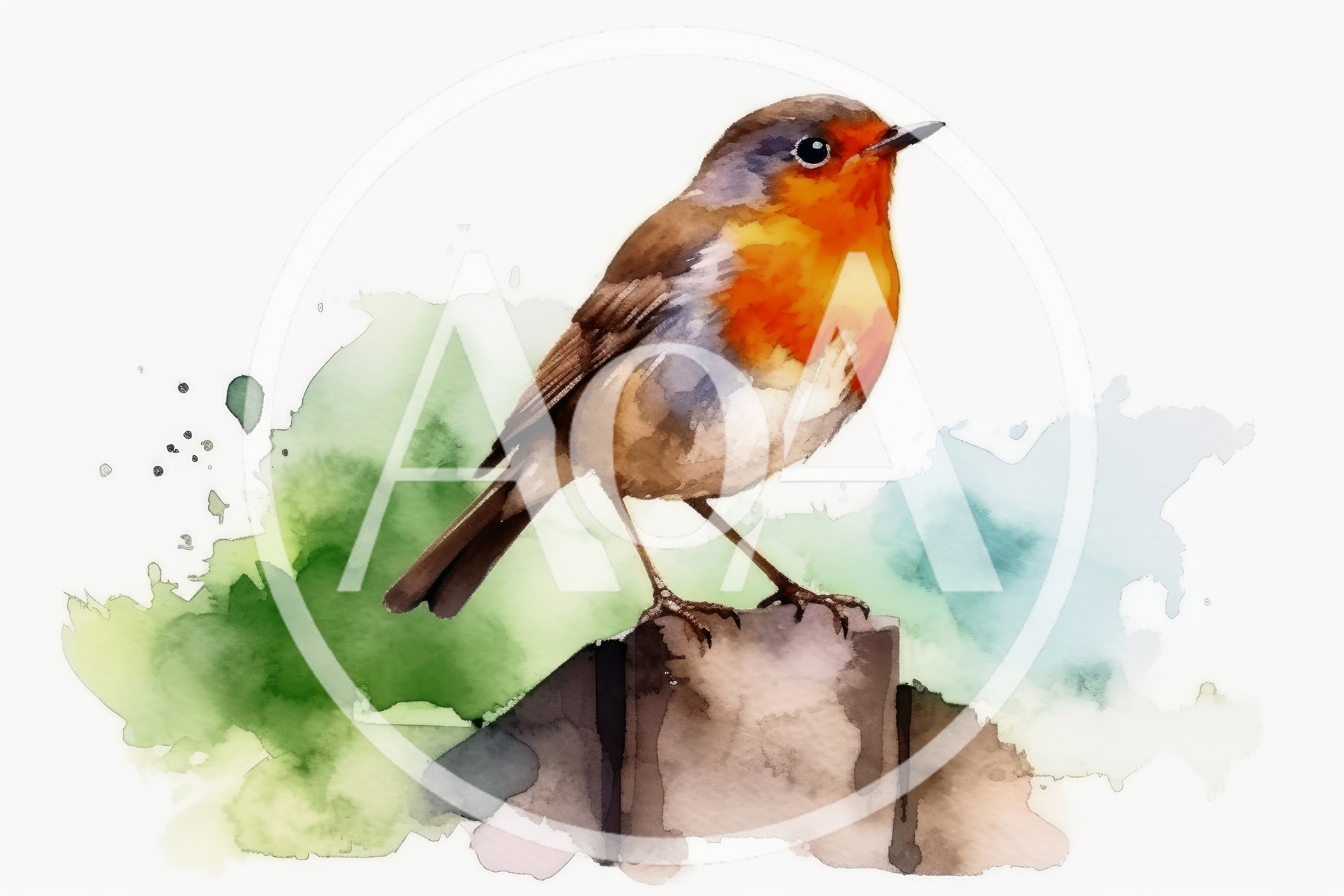 Watercolor Illustration Of A European Robin Perched On Post