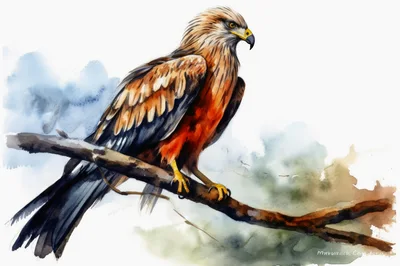 Watercolor Painting Of A Red Kite Perched On Branch
