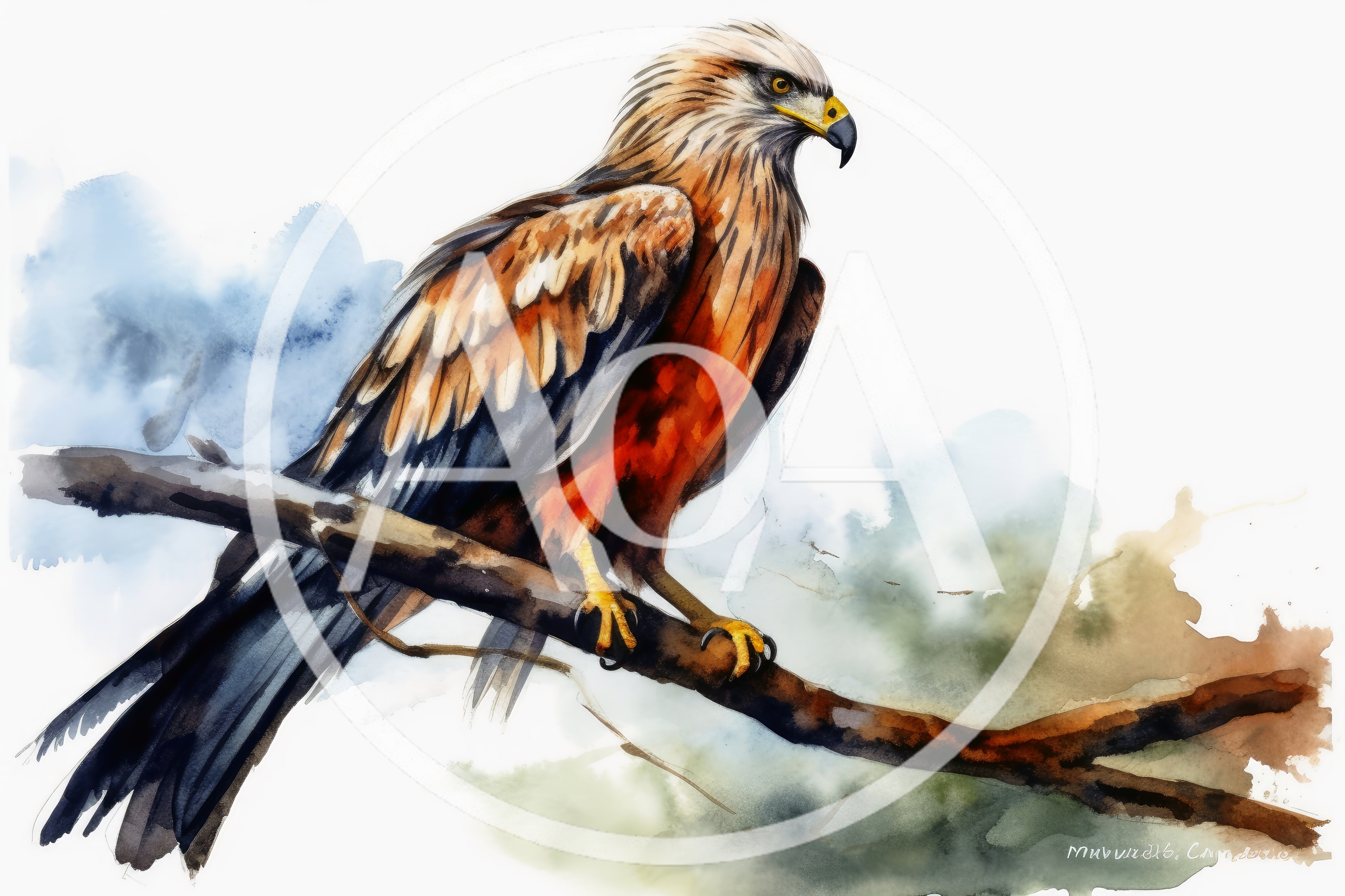 Watercolor Painting Of A Red Kite Perched On Branch